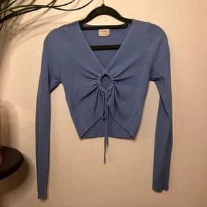Trendy Small blue cropped ribbed long sleeve with circle cutout top